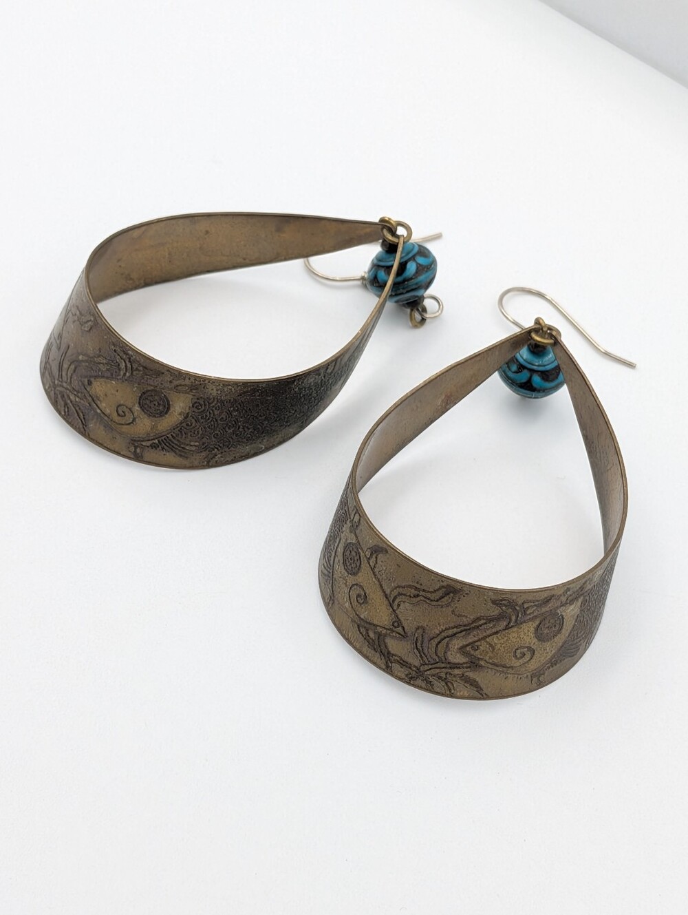 Brass engraved fish boho statement dangle earrings